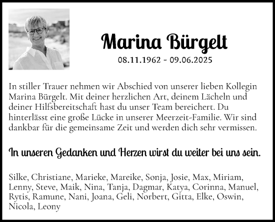 Traueranzeige von Marina Bürgelt von Schleswiger Nachrichten, Schlei-Bote