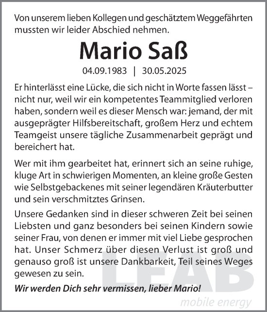 Traueranzeige von Mario Saß von Schleswiger Nachrichten, Schlei-Bote