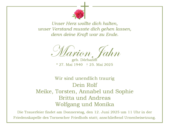 Traueranzeige von Marion Jahn von Uetersener Nachrichten, Der tip am Wochenende
