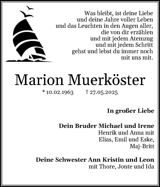 Traueranzeige von Marion Muerköster von Flensburger Tageblatt