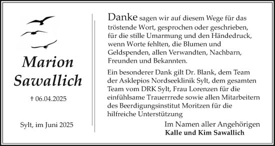 Traueranzeige von Marion Sawallich von Sylter Rundschau