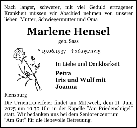 Traueranzeige von Marlene Hensel von Flensburger Tageblatt