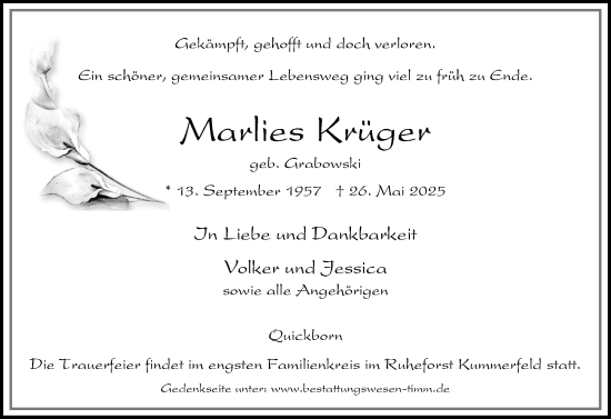 Traueranzeige von Marlies Krüger von Region Pinneberg und tip Pinneberg