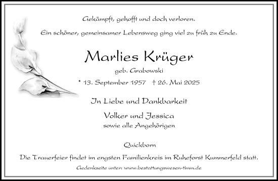 Traueranzeige von Marlies Krüger von Umschau