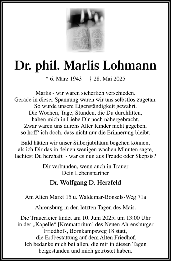 Traueranzeige von Marlis Lohmann von MARKT Ahrensburg/Bargteheide/Trittau und Stormarner Tageblatt