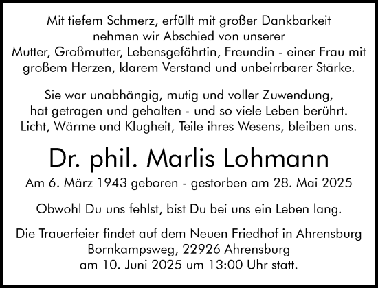 Traueranzeige von Marlis Lohmann von MARKT Ahrensburg/Bargteheide/Trittau und Stormarner Tageblatt
