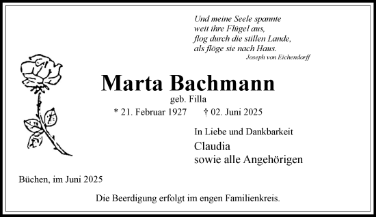 Traueranzeige von Marta Bachmann von Wochenend Anzeiger