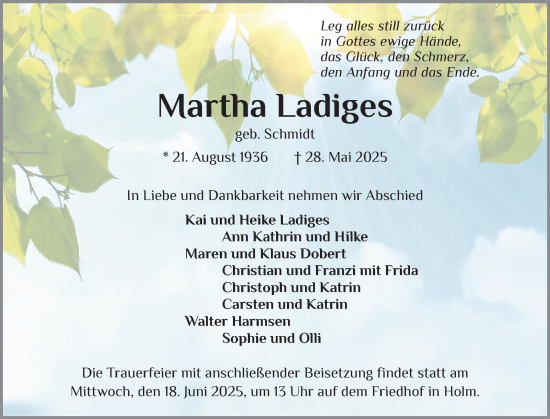 Traueranzeige von Martha Ladiges von Elmshorner Nachrichten, Barmstedter Zeitung