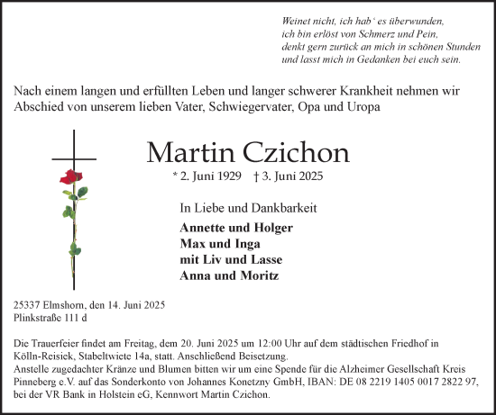 Traueranzeige von Martin Czichon von Elmshorner Nachrichten, Barmstedter Zeitung