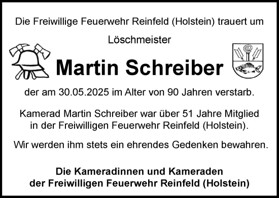 Traueranzeige von Martin Schreiber von MARKT Bad Oldesloe/Reinfeld und Stormarner Tageblatt
