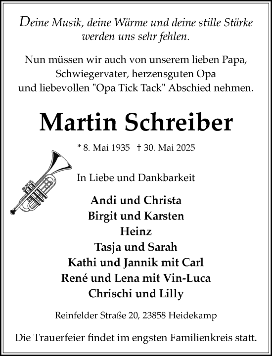 Traueranzeige von Martin Schreiber von MARKT Bad Oldesloe/Reinfeld und Stormarner Tageblatt