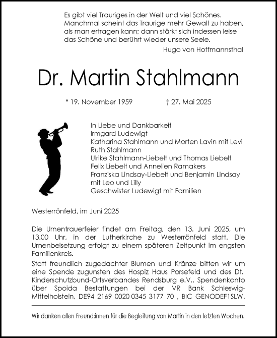 Traueranzeige von Martin Stahlmann von Schleswig-Holsteinische Landeszeitung