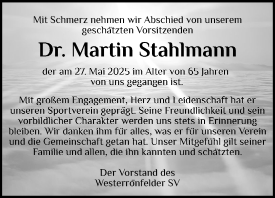Traueranzeige von Martin Stahlmann von Schleswig-Holsteinische Landeszeitung