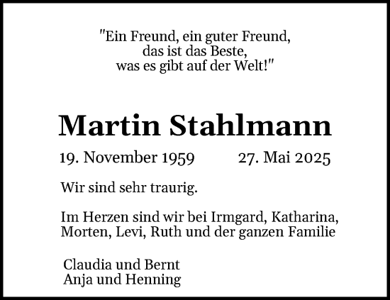 Traueranzeige von Martin Stahlmann von Schleswig-Holsteinische Landeszeitung