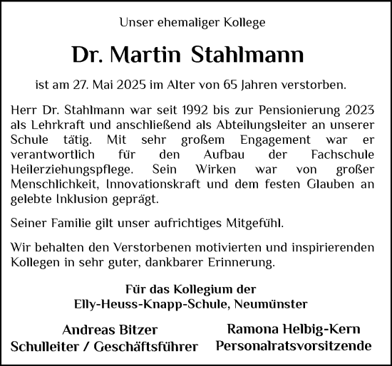 Traueranzeige von Martin Stahlmann von Holsteinischer Courier