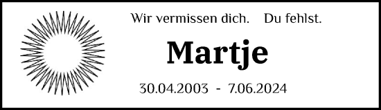 Traueranzeige von Martje  von Husumer Nachrichten, Nordfriesland Tageblatt