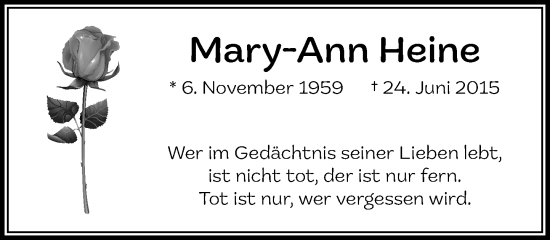 Traueranzeige von Mary-Ann Heine von MARKT Glinde/Reinfeld