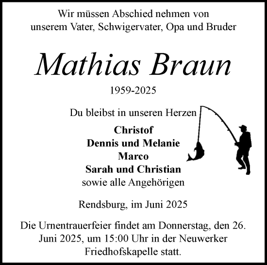Traueranzeige von Mathias Braun von Schleswig-Holsteinische Landeszeitung
