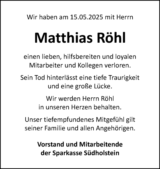 Traueranzeige von Matthias Röhl von tip Pinneberger Tageblatt