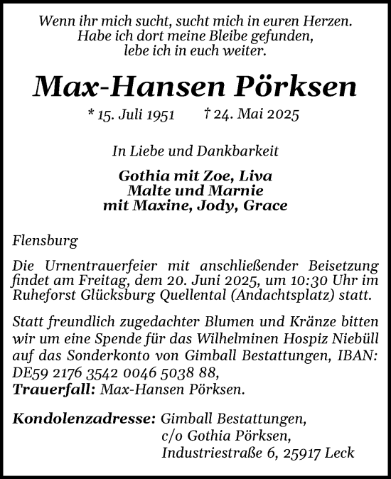 Traueranzeige von Max-Hansen Pörksen von Husumer Nachrichten, Nordfriesland Tageblatt