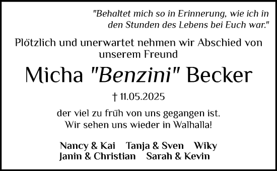 Traueranzeige von Micha Becker von Die WochenSchau Gesamtausgabe
