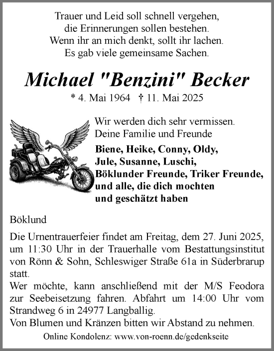 Traueranzeige von Michael Becker von Schleswiger Nachrichten, Schlei-Bote