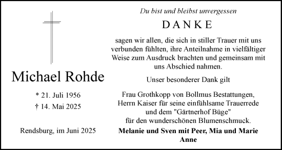 Traueranzeige von Michael Rohde von Schleswig-Holsteinische Landeszeitung