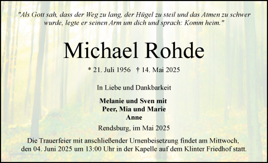 Traueranzeige von Michael Rohde von Schleswig-Holsteinische Landeszeitung