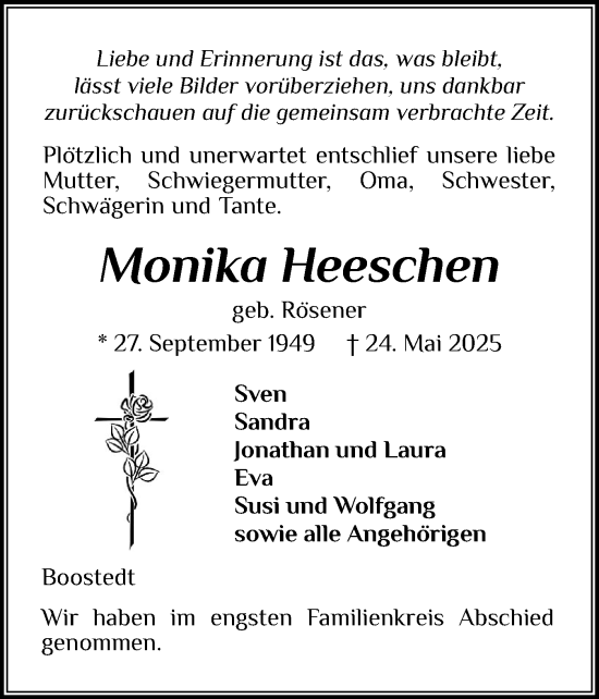 Traueranzeige von Monika Heeschen von Holsteinischer Courier
