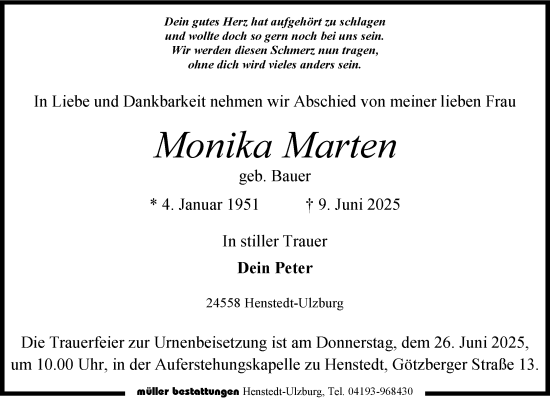 Traueranzeige von Monika Marten von Umschau