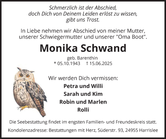 Traueranzeige von Monika Schwand von Flensburger Tageblatt, Schleswiger Nachrichten, Schlei-Bote