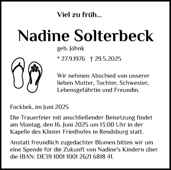 Traueranzeige von Nadine Solterbeck von Schleswig-Holsteinische Landeszeitung