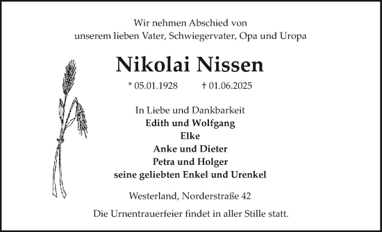 Traueranzeige von Nikolai Nissen von Sylter Rundschau