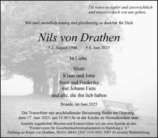 Traueranzeige von Nils von Drathen von Elmshorner Nachrichten, Barmstedter Zeitung