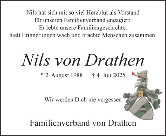 Traueranzeige von Nils von Drathen von Elmshorner Nachrichten, Barmstedter Zeitung