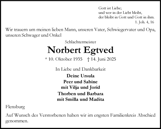 Traueranzeige von Norbert Egtved von Flensburger Tageblatt