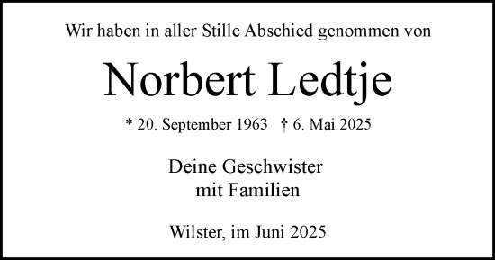 Traueranzeige von Norbert Ledtje von Norddeutsche Rundschau, Wilstersche Zeitung, Glückstädter Fortuna