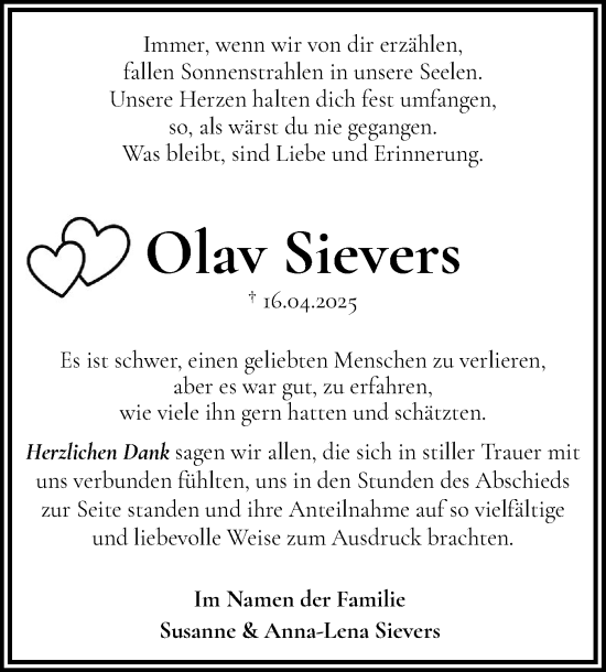 Traueranzeige von Olav Sievers von Norddeutsche Rundschau, Wilstersche Zeitung, Glückstädter Fortuna