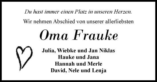 Traueranzeige von Frauke Petersen von Region Flensburg