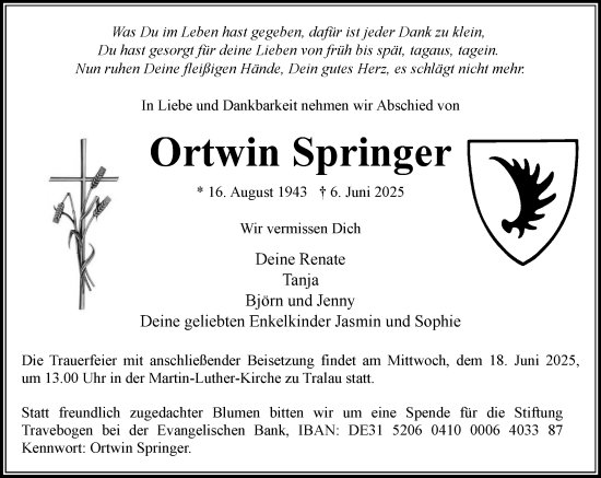 Traueranzeige von Ortwin Springer von MARKT Bad Oldesloe/Reinfeld und Stormarner Tageblatt