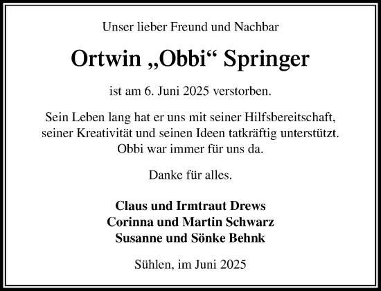 Traueranzeige von Ortwin Springer von MARKT Bad Oldesloe/Reinfeld und Stormarner Tageblatt