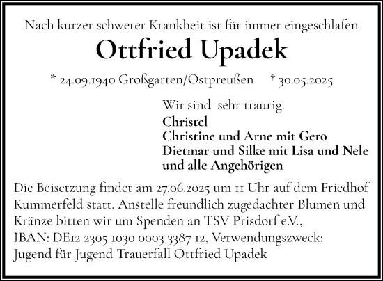 Traueranzeige von Ottfried Upadek von Region Pinneberg und tip Pinneberg