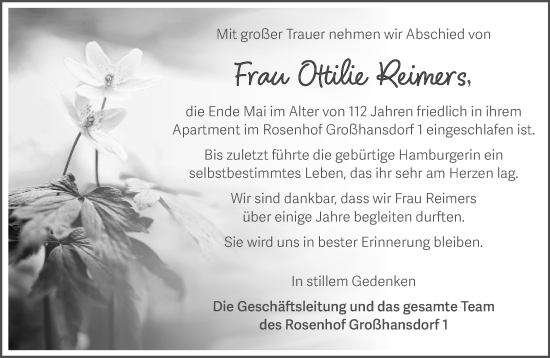Traueranzeige von Ottilie Reimers von MARKT Ahrensburg/Bargteheide/Trittau und Stormarner Tageblatt