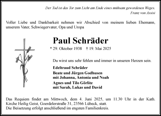 Traueranzeige von Paul Schräder von MARKT Bad Oldesloe/Reinfeld und Stormarner Tageblatt