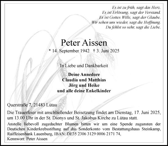 Traueranzeige von Peter Aissen von Wochenend Anzeiger