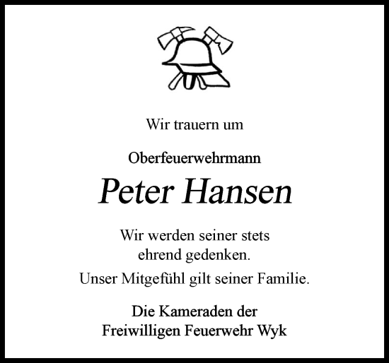 Traueranzeige von Peter Hansen von Der Insel-Bote