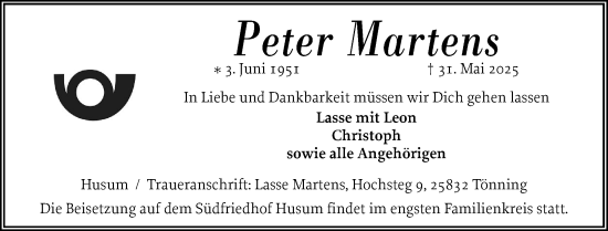 Traueranzeige von Peter Martens von Husumer Nachrichten, Nordfriesland Tageblatt
