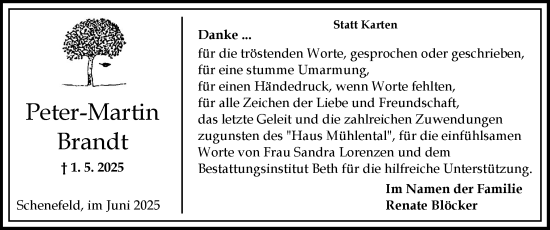 Traueranzeige von Peter-Martin Brandt von Norddeutsche Rundschau, Wilstersche Zeitung, Glückstädter Fortuna