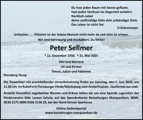 Traueranzeige von Peter Sellmer von Flensburger Tageblatt
