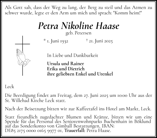 Traueranzeige von Petra Nikoline Haase von Husumer Nachrichten, Nordfriesland Tageblatt